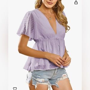 LYANER Womens Deep V Neck Ruffle Swiss Dot Lilac Purple Peplum Blouse Size Small